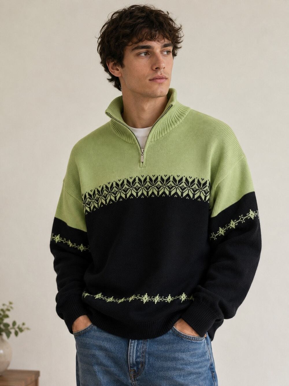 Vintage Meister Fair Isle Quarter Zip Sweater Mens Large Green Black Wool Nordic
